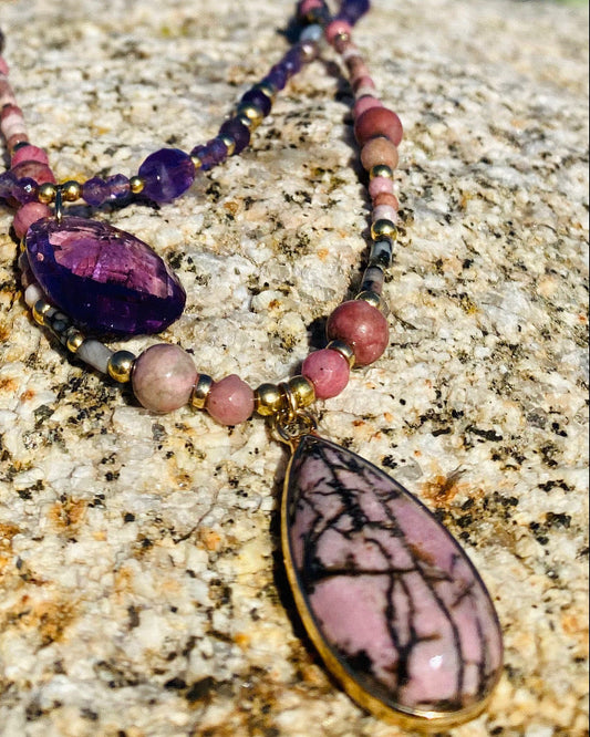Collier GIOCCA n°2 Vieux Rose - Rhodonite - MTFORJEL