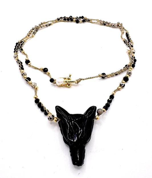 Collier au crochet SALVA LUPA 2 tours | Pendentif LOUP en pierre naturelle Obsidienne & jaspe picasso - MTFORJEL