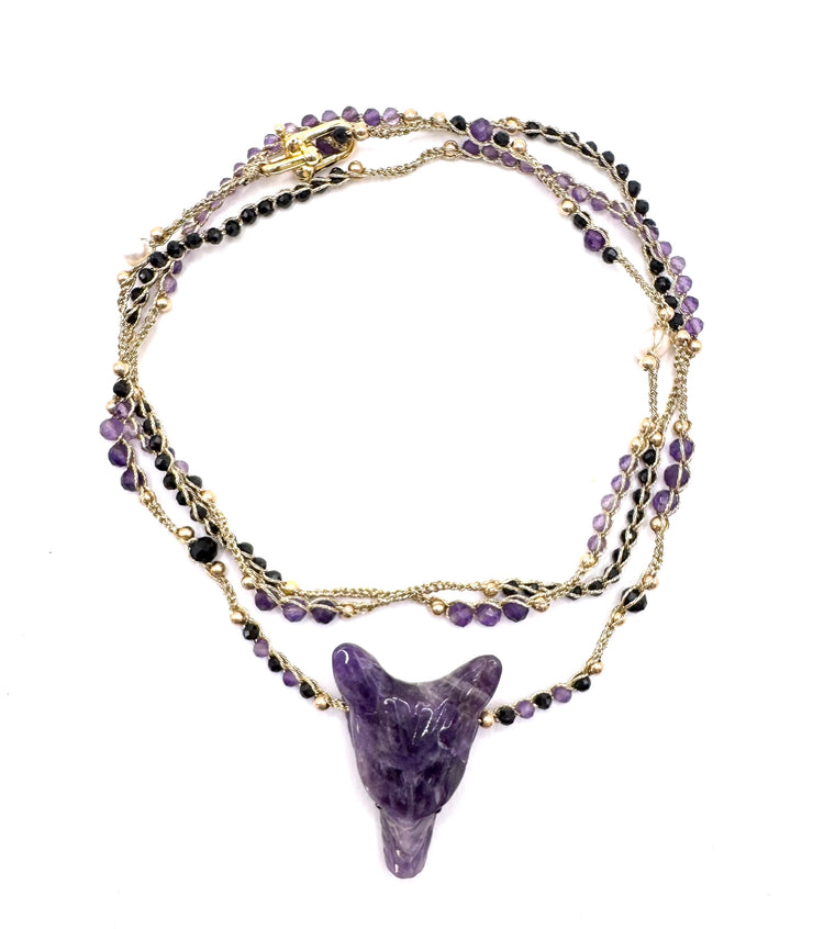 Collier au crochet SALVA LUPA 2 tours | Pendentif LOUP en pierre naturelle Améthyste - MTFORJEL