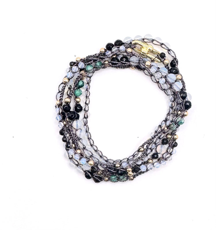 Bijou 2 en 1 au crochet FOGLIA | Collier ou Bracelet multi tours | Pendentif FEUILLE en pierre naturelle Opalite - MTFORJEL