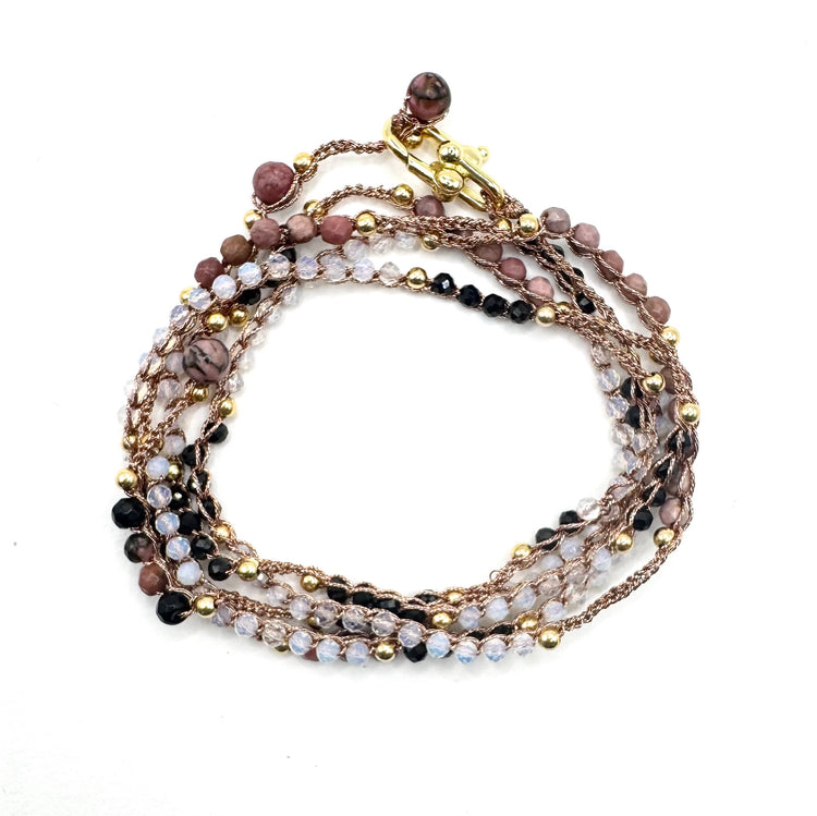 Bijou 2 en 1 au crochet FOGLIA | Collier ou Bracelet multi tours | Pendentif FEUILLE en pierre naturelle Opalite & Rhodonite - MTFORJEL