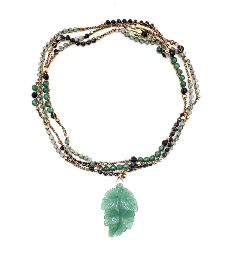 Bijou 2 en 1 au crochet FOGLIA | Collier ou Bracelet multi tours | Pendentif FEUILLE en pierre naturelle Aventurine - MTFORJEL
