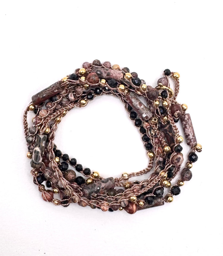 Bijou 2 en 1 au crochet FOGLIA | Collier ou Bracelet multi tours | Pendentif FEUILLE en pierre naturelle Jaspe léopard - MTFORJEL