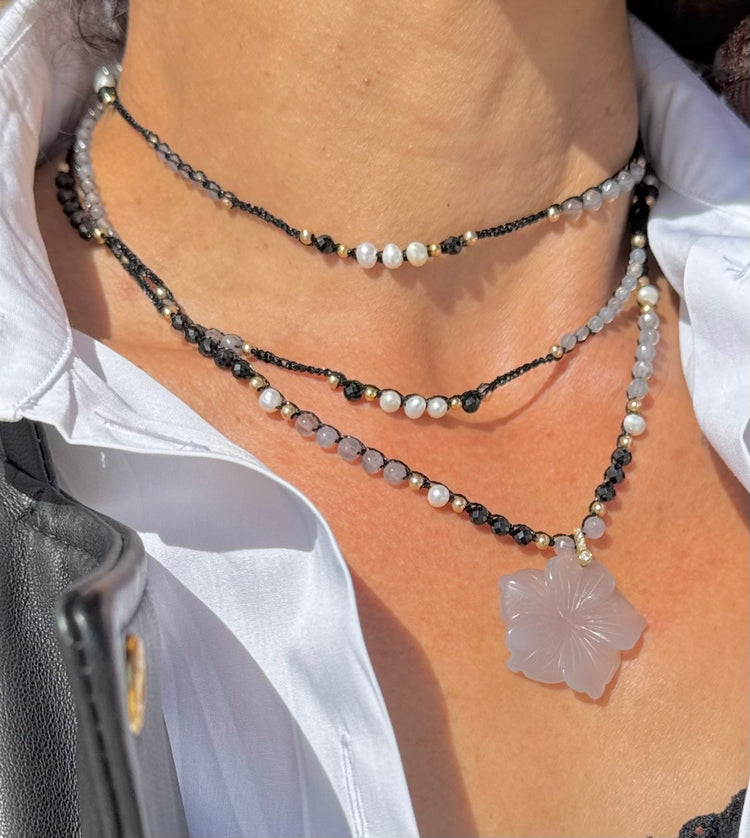 Collier au crochet multi rang FIORE | Pendentif FLEUR en pierre naturelle Agate - MTFORJEL