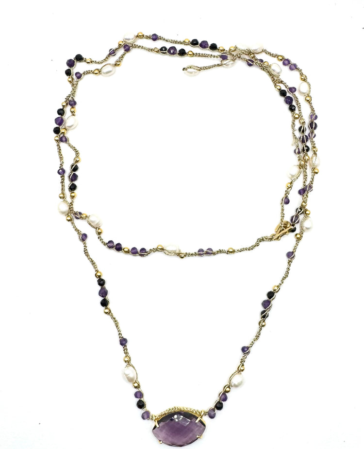 Collier au crochet multi rangs NAVA | Pendentif NAVETTE en pierre naturelle Améthyste