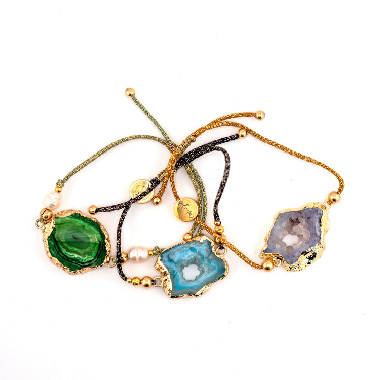 Bracelet fetta di vita - tranche d'agate - sur cordon métallisé plusieurs couleurs