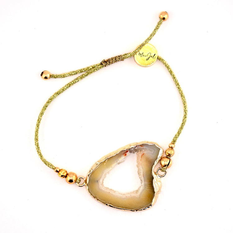 Bracelet fette di vita - tranche d'agate - sur cordon métallisé vert et jaune