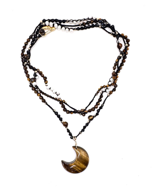 Bijou 2 en 1 au crochet LUNA | Collier ou Bracelet multi tours | Pendentif LUNE en pierre naturelle Œil de tigre - MTFORJEL