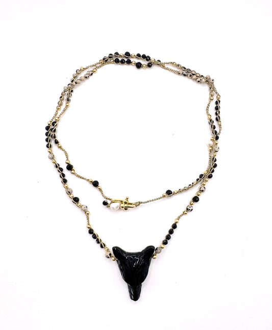 Collier au crochet SALVA LUPA 2 tours | Pendentif LOUP en pierre naturelle Obsidienne & jaspe picasso - MTFORJEL