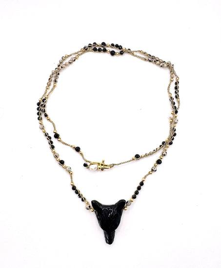 Collier au crochet SALVA LUPA 2 tours | Pendentif LOUP en pierre naturelle Obsidienne & jaspe picasso - MTFORJEL