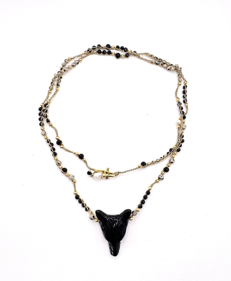 Collier au crochet SALVA LUPA 2 tours | Pendentif LOUP en pierre naturelle Obsidienne & jaspe picasso - MTFORJEL