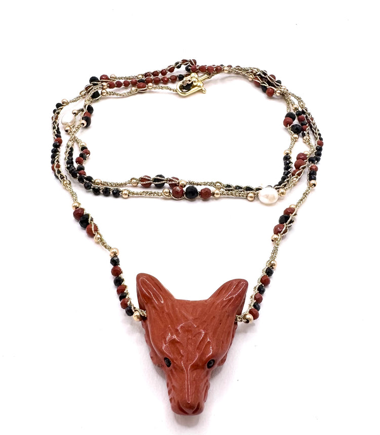 Collier au crochet SALVA LUPA 3 tours | Pendentif LOUP en pierre naturelle Jaspe rouge - MTFORJEL