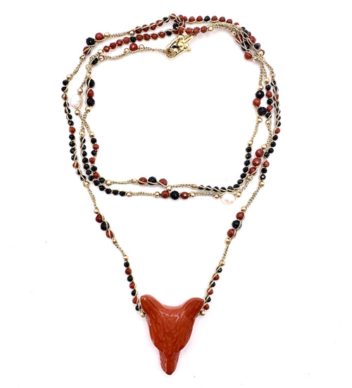 Collier au crochet SALVA LUPA 3 tours | Pendentif LOUP en pierre naturelle Jaspe rouge - MTFORJEL