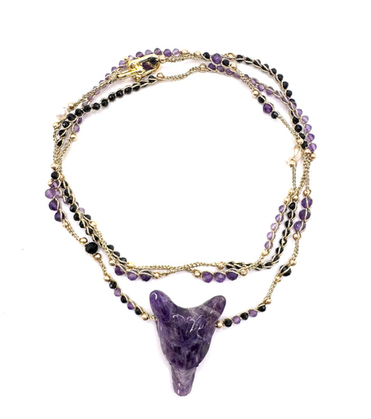 Collier au crochet SALVA LUPA 2 tours | Pendentif LOUP en pierre naturelle Améthyste - MTFORJEL