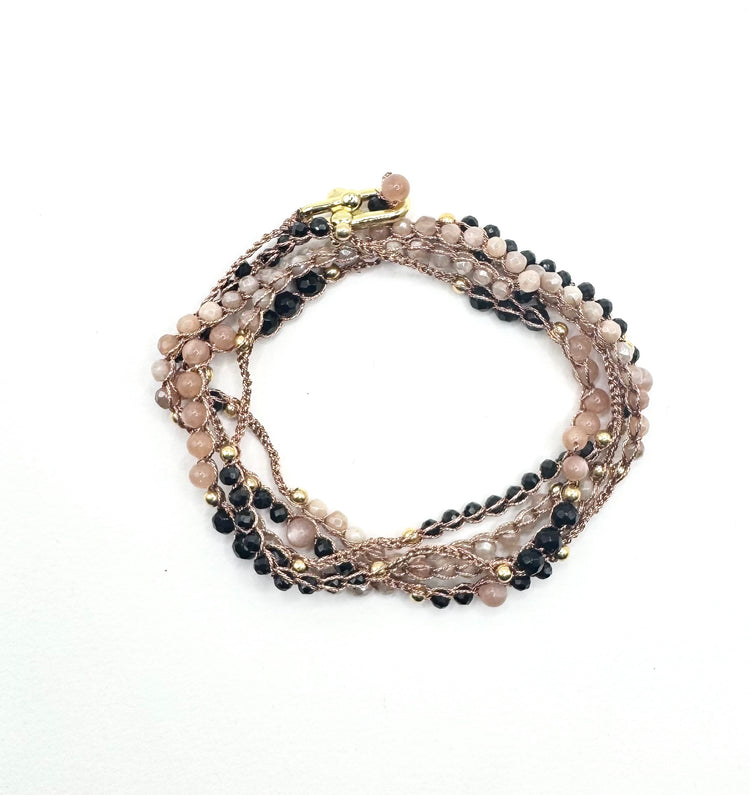Bijou 2 en 1 au crochet FOGLIA | Collier ou Bracelet multi tours | Pendentif FEUILLE en pierre naturelle Jaspe neige - MTFORJEL