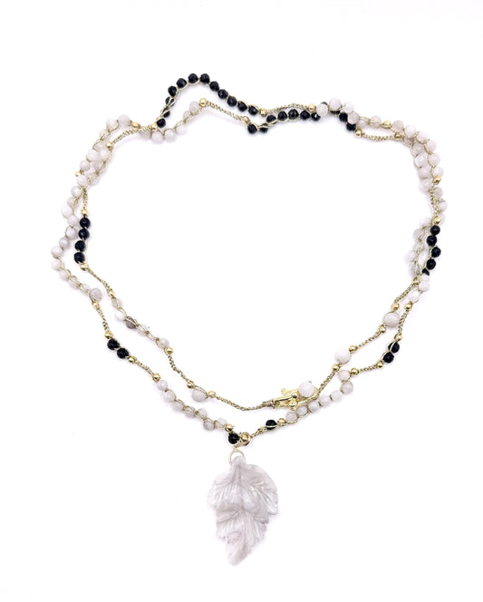 Bijou 2 en 1 au crochet FOGLIA | Collier ou Bracelet multi tours | Pendentif FEUILLE en pierre naturelle Agate - MTFORJEL