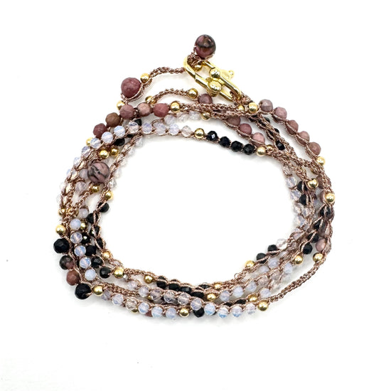 Bijou 2 en 1 au crochet FOGLIA | Collier ou Bracelet multi tours | Pendentif FEUILLE en pierre naturelle Opalite & Rhodonite - MTFORJEL