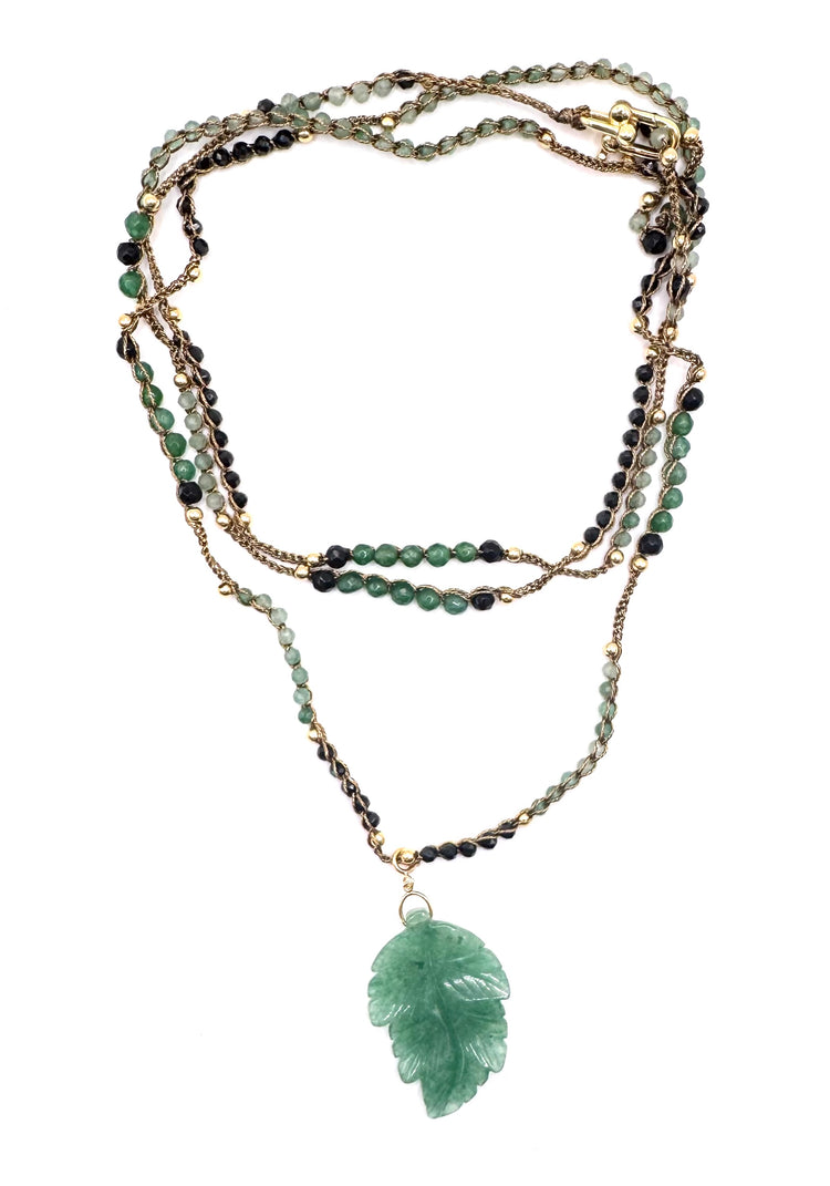Bijou 2 en 1 au crochet FOGLIA | Collier ou Bracelet multi tours | Pendentif FEUILLE en pierre naturelle Aventurine - MTFORJEL