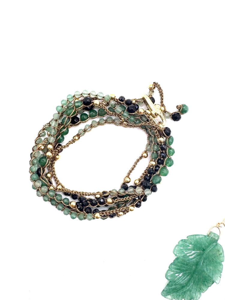 Bijou 2 en 1 au crochet FOGLIA | Collier ou Bracelet multi tours | Pendentif FEUILLE en pierre naturelle Aventurine - MTFORJEL