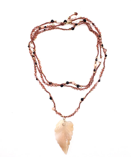 Bijou 2 en 1 au crochet FOGLIA | Collier ou Bracelet multi tours | Pendentif FEUILLE en pierre naturelle Agate & Aventurine - MTFORJEL