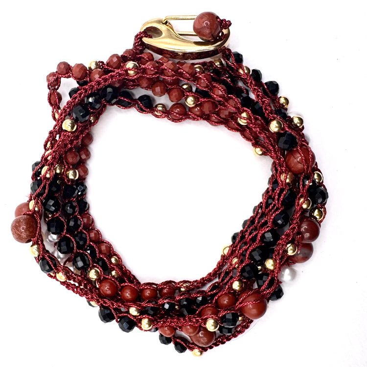 Bijou 2 en 1 au crochet FOGLIA | Collier 2 tours ou Bracelet multi tours | Pendentif  FEUILLE en pierre naturelle Jaspe rouge - MTFORJEL