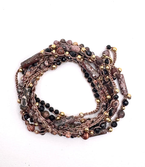Bijou 2 en 1 au crochet FOGLIA | Collier ou Bracelet multi tours | Pendentif FEUILLE en pierre naturelle Jaspe léopard - MTFORJEL