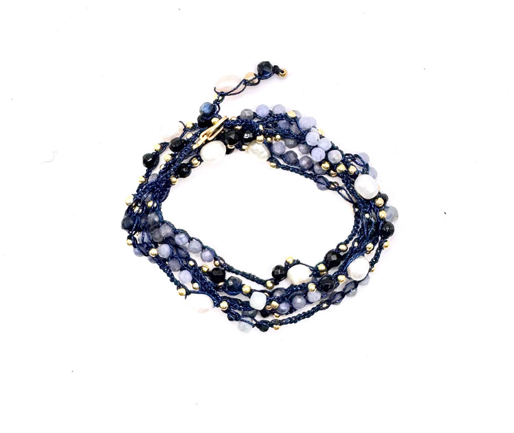 Bijou 2 en 1 au crochet FOGLIA | Collier ou Bracelet multi tours | Pendentif FEUILLE en pierre naturelle Serpentine & tanzanite - MTFORJEL