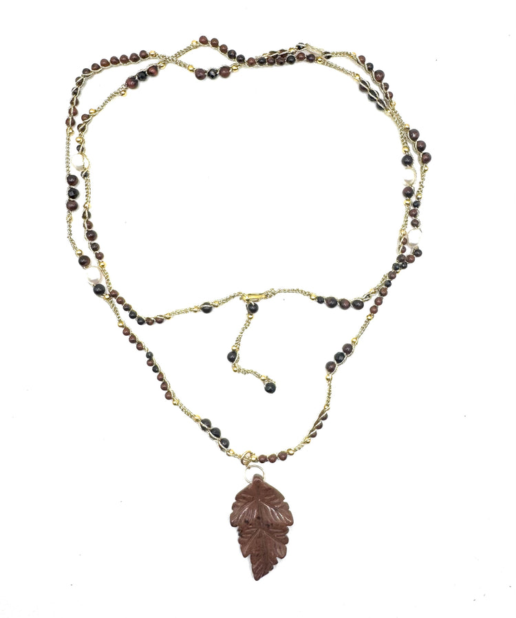 Bijou 2 en 1 au crochet FOGLIA | Collier ou Bracelet multi tours | Pendentif FEUILLE en pierre naturelle Jaspe acajou - MTFORJEL