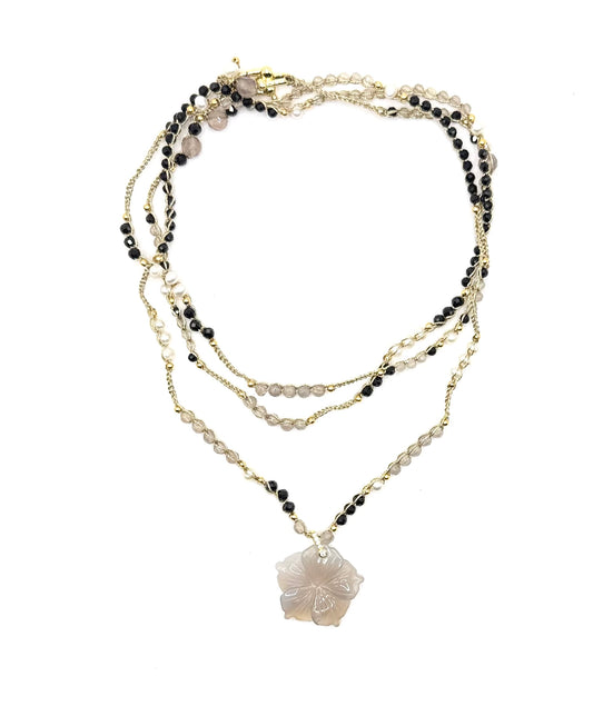 Collier au crochet multi rang FIORE | Pendentif FLEUR en pierre naturelle Agate - MTFORJEL