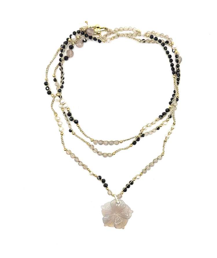 Collier au crochet multi rang FIORE | Pendentif FLEUR en pierre naturelle Agate - MTFORJEL