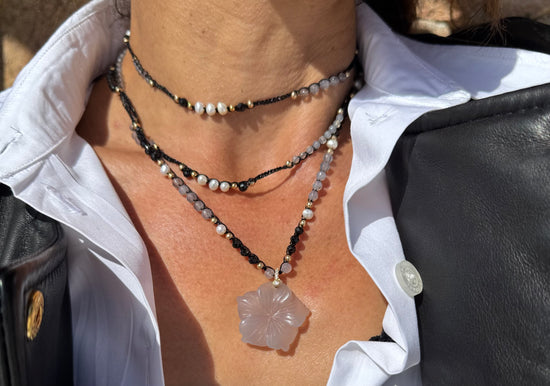 Collier au crochet multi rang FIORE | Pendentif FLEUR en pierre naturelle Agate - MTFORJEL