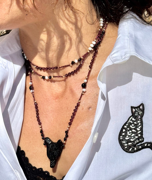 Collier au crochet SALVA LUPA 3 tours | Pendentif LOUP en pierre naturelle Obsidienne & grenat - MTFORJEL