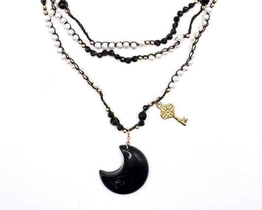 Bijou 2 en 1 au crochet LUNA | Collier ou Bracelet multi tours | Pendentif LUNE en pierre naturelle Onyx - MTFORJEL