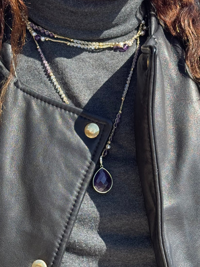Collier au crochet multi rang GOCCIA | Pendentif  Goutte en pierre naturelle Améthyste maxi - MTFORJEL