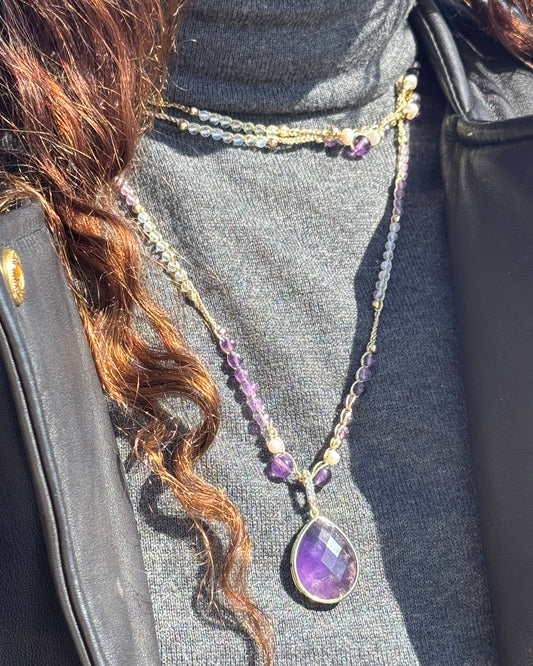 Collier au crochet multi rang GOCCIA | Pendentif  Goutte en pierre naturelle Améthyste maxi - MTFORJEL