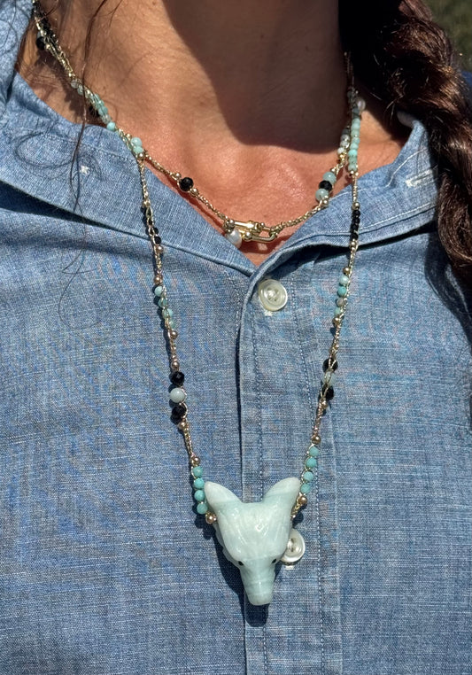 Collier au crochet SALVA LUPA 3 tours | Pendentif LOUP en pierre naturelle Amazonite - MTFORJEL