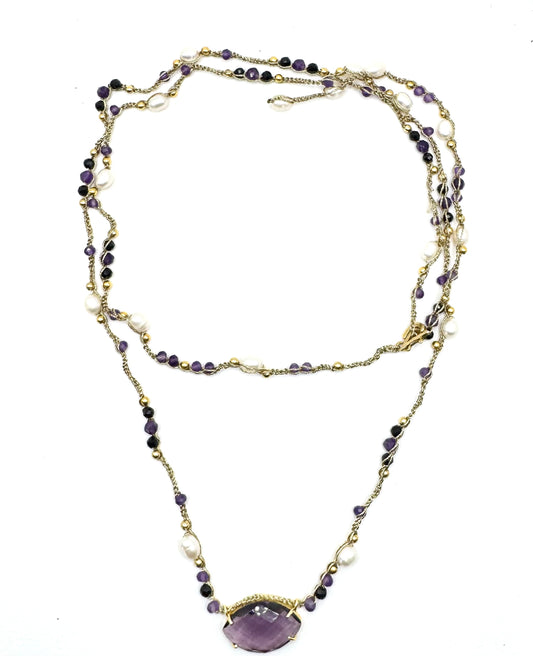 Collier au crochet multi rangs NAVA | Pendentif NAVETTE en pierre naturelle Améthyste 