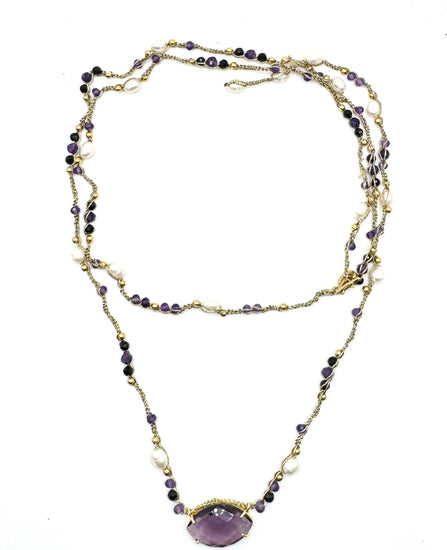 Collier au crochet multi rangs NAVA | Pendentif NAVETTE en pierre naturelle Améthyste 